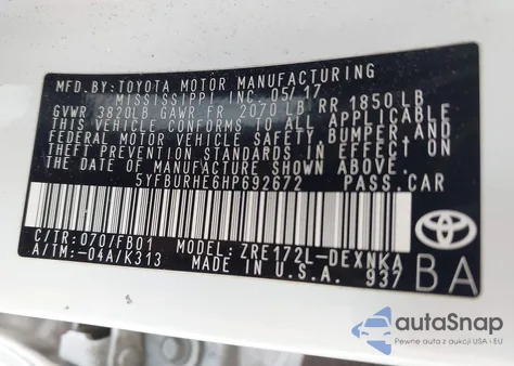 2017 Toyota Corolla L/Le/Xle/Se/Xse z USA, uszkodzony, nr VIN 5YFBURHE6HP692672